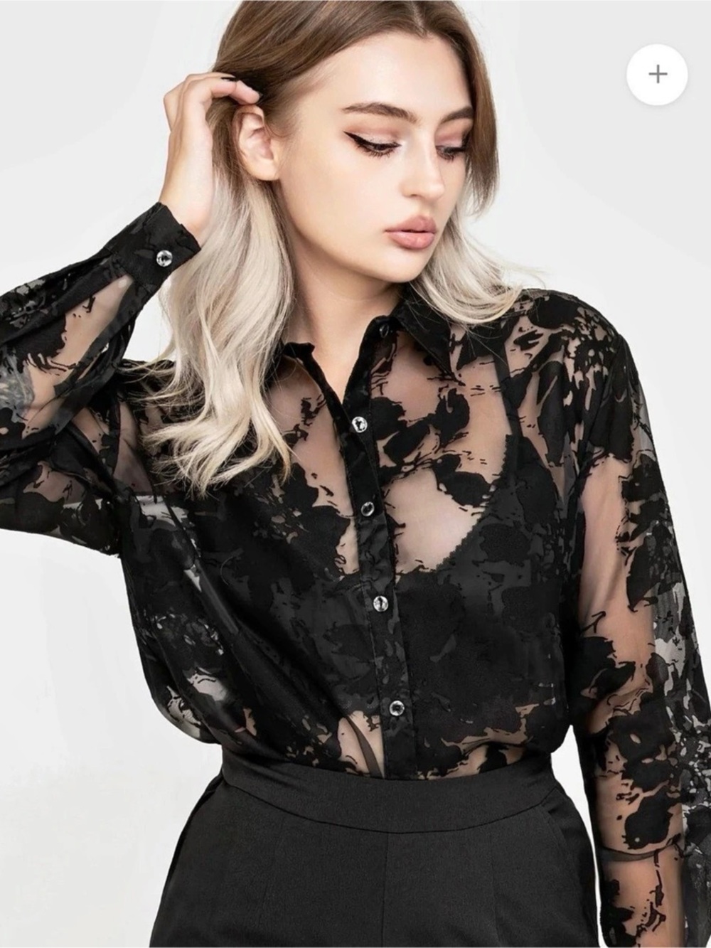 Disturbia Black Sheer Abstract Button-Front Blouse Size 12